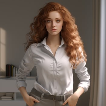 Confident woman with curly red hair in a white blouse photo