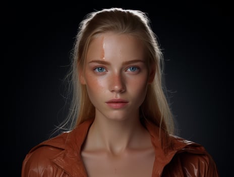 Thoughtful young woman in leather jacket photo