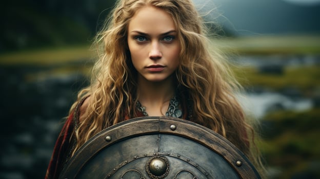 Fierce female warrior with shield in nature photo