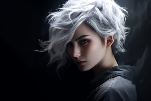 Dramatic portrait of a person with striking white hair photo