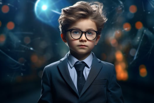 young boy in suit and glasses looking serious photo