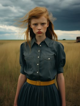 young woman with windblown hair standing in field photo