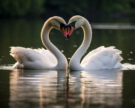 Two swans forming a heart shape on the water photo