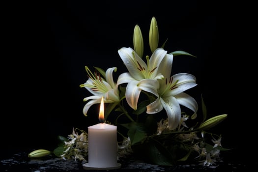 Elegant white lily flowers with burning candle photo