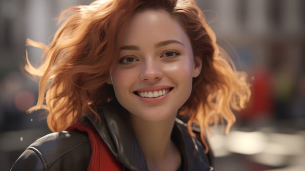 Smiling woman with curly red hair photo
