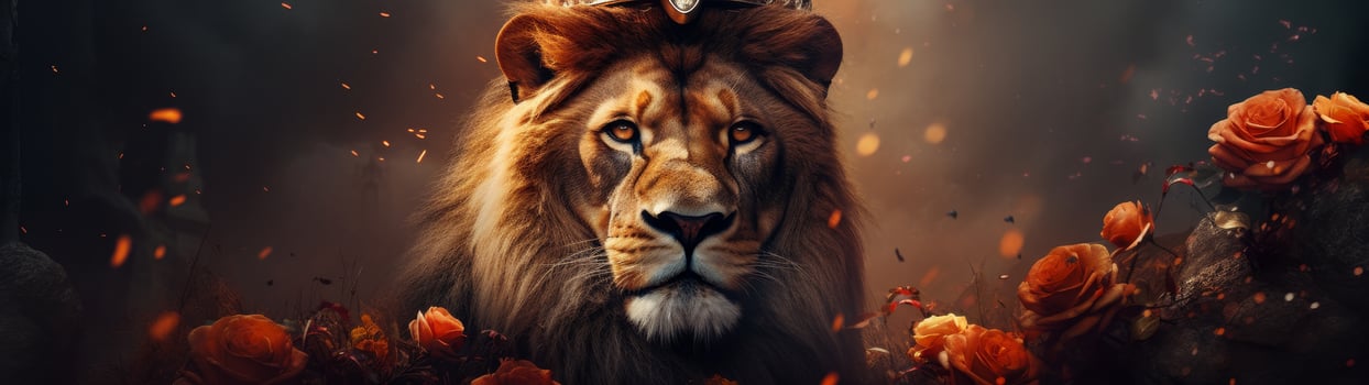 majestic lion surrounded by orange roses photo