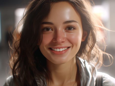 Smiling woman with windblown hair photo