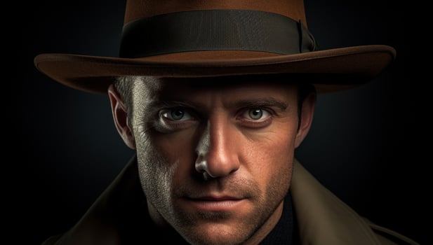 Intense gaze of a rugged man in a cowboy hat photo