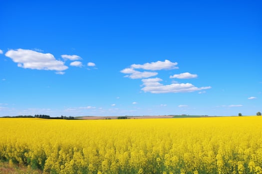 Vibrant yellow canola field under a blue sky with fluffy white clouds photo