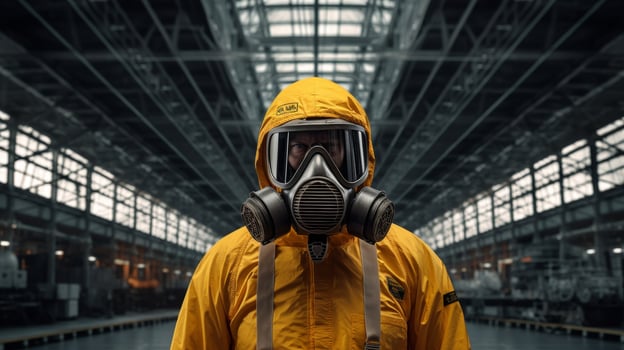 worker in protective suit and gas mask in industrial setting photo