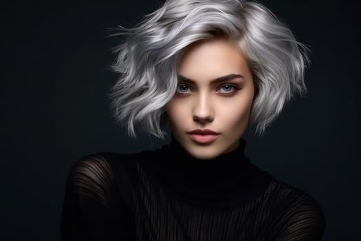 Striking portrait of a woman with wavy silver hair photo