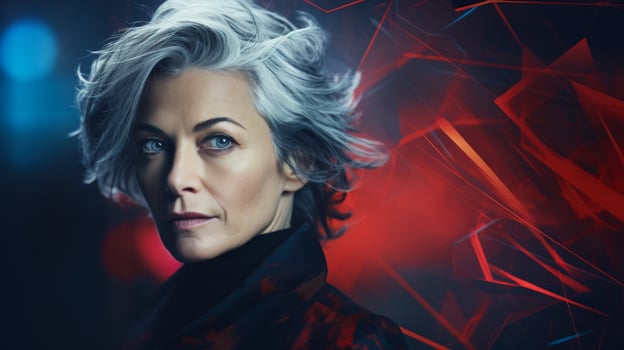 Dramatic portrait of a mature woman with windswept silver hair photo