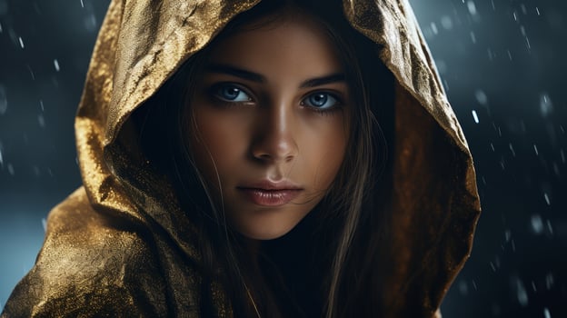 mysterious woman in golden hooded cloak photo