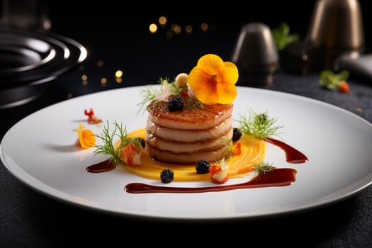 Gourmet dessert with vibrant flowers and sauces photo
