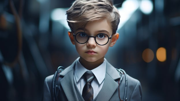 serious young boy in suit and glasses photo