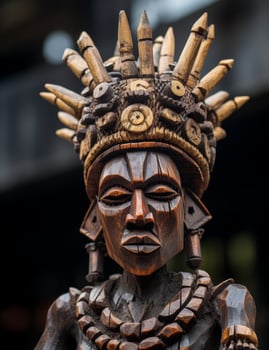 Intricate wooden tribal mask with horns and eyes photo