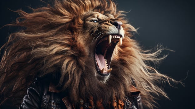 Fierce lion roaring with wind blown mane photo