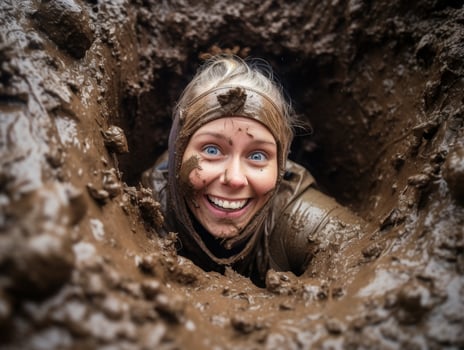 Smiling woman covered in mud in a cave photo