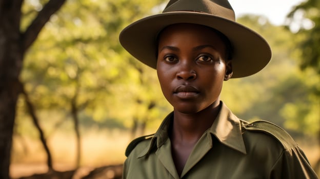 portrait of a serious african woman in safari outfit photo