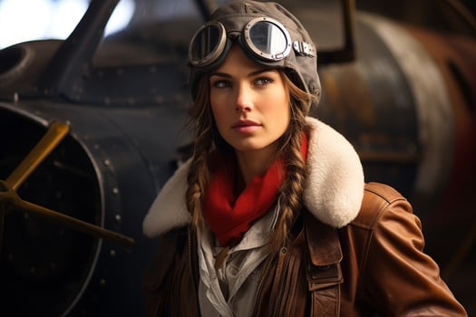 Portrait of a female pilot in vintage aviation gear photo