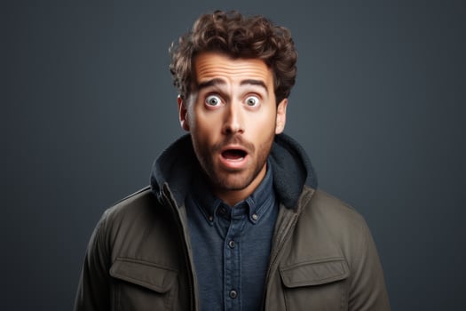 Surprised man with curly hair and beard photo
