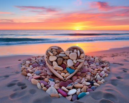 heart shaped rocks on beach at sunset photo