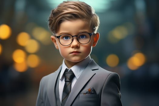 young boy in suit and glasses looking serious photo