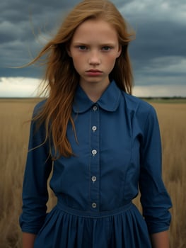 Serious young girl in blue dress standing in field photo