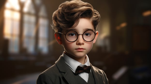young boy in formal attire with glasses and curly hair photo