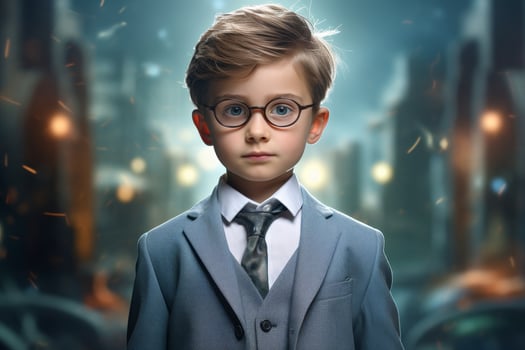 young boy in formal attire with serious expression photo