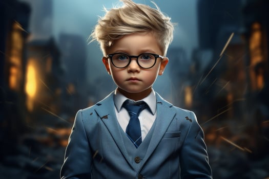 young boy in formal attire with serious expression photo