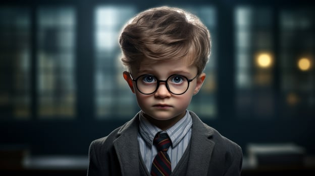 serious young boy in school uniform and glasses photo