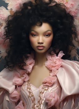 Glamorous woman with curly black hair and pink flowers photo