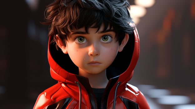 young boy with red jacket and dark hair photo