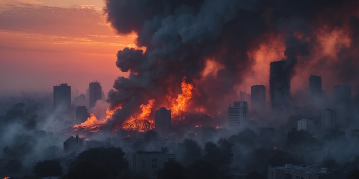 Cinematic depiction of a burning city engulfed in smoke during a dramatic sunset photo