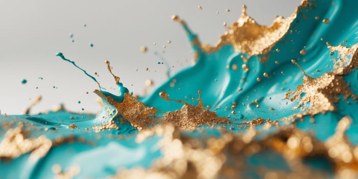Gold and turquoise liquid splashing on a white background photo