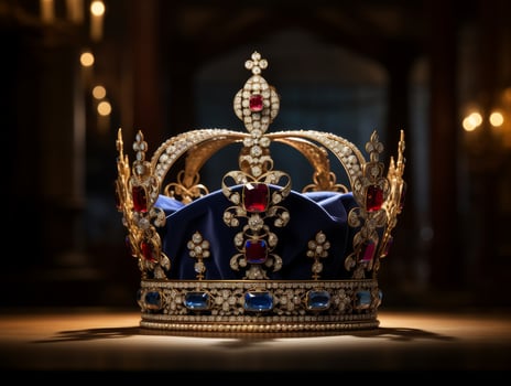 Ornate golden crown with red and blue jewels photo