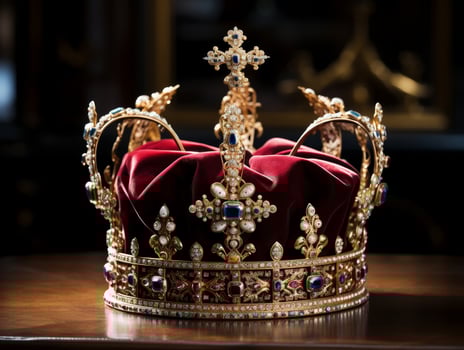 Ornate royal crown with jewels and velvet photo