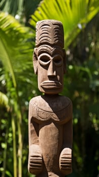 Carved wooden tiki statue in tropical foliage photo