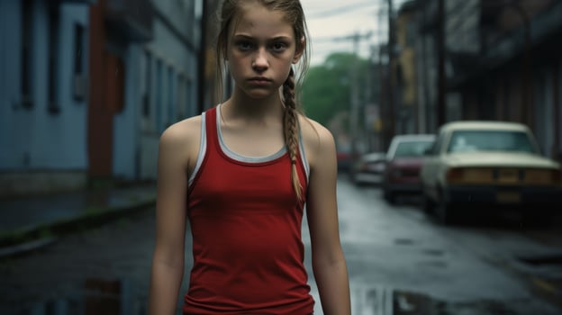 Serious young woman in red tank top standing in alley photo