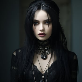 Mysterious gothic woman with dark hair and intense gaze photo
