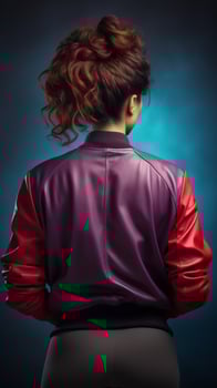 Stylish woman with curly updo in colorful jacket photo