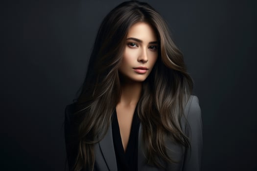 Elegant woman with long dark hair posing in black outfit photo