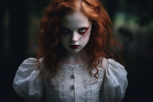 Haunting portrait of a young woman with striking red hair and dark makeup photo