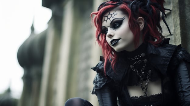 Mysterious gothic woman with dark makeup and red hair photo