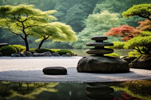 Serene Japanese garden with zen rock formation photo