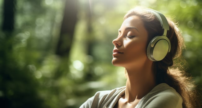 woman listening to music in nature photo