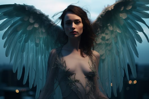 Winged angel with dark hair and dramatic makeup photo