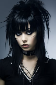 Edgy punk rock woman with dark hair and makeup photo