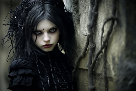 Mysterious goth woman with dark makeup and hair photo